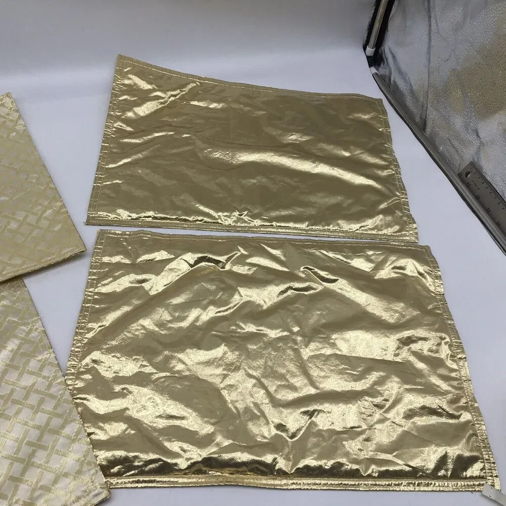 Set of Vintage 4 Shiny Gold Fabric  Placemats Reversible Geometric Pattern